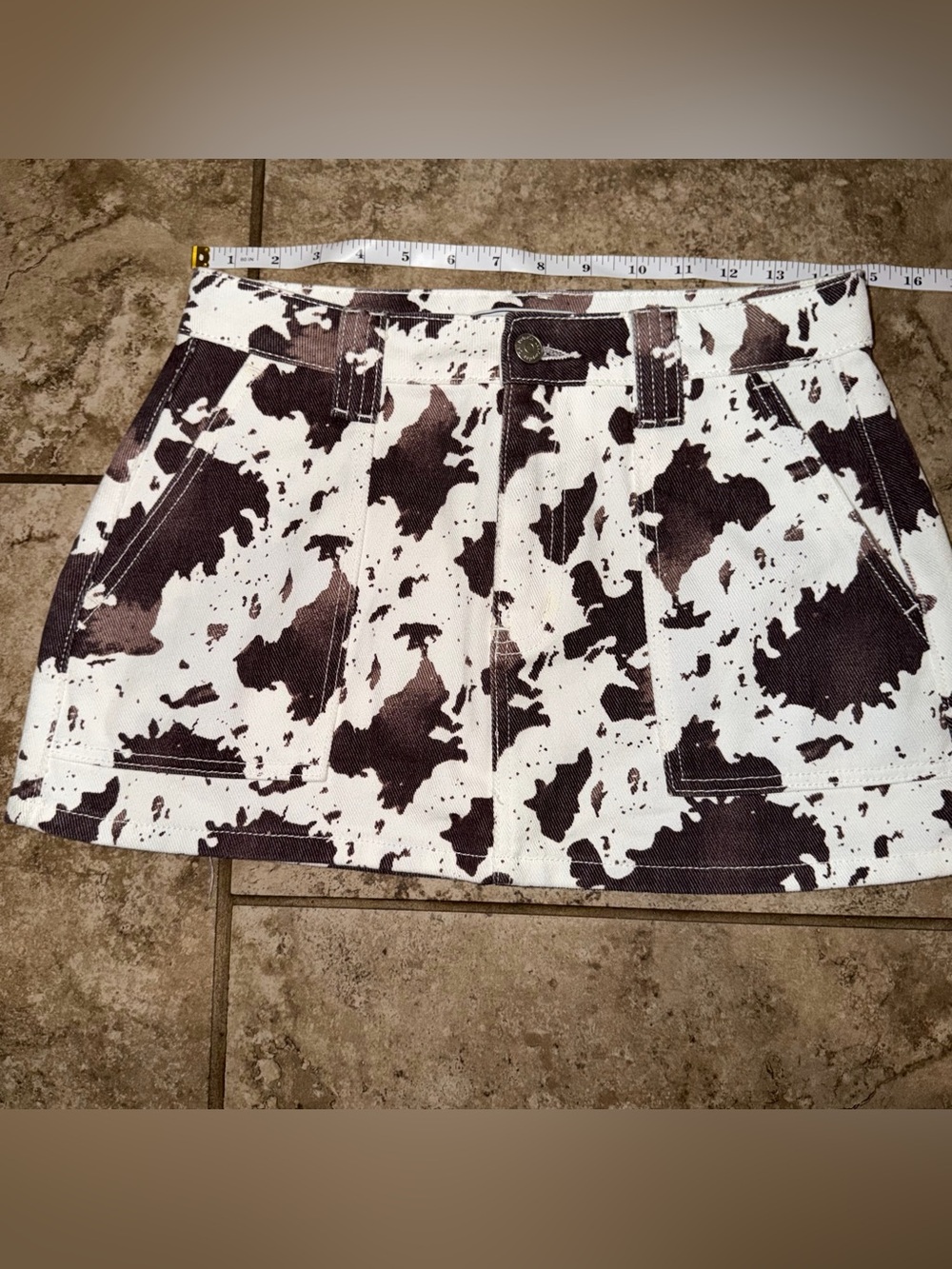 Cow Print Denim Mini Skirt - White & Brown